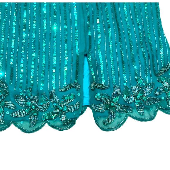 Nadine Boutique Vintage 100% Silk Hand Beaded Turquoise Green Cocktail Dress-M - Picture 13 of 16